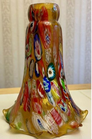 (2) Rare Vintage Hand Blown Murano Millefiori Glass Lily Lamp Shade 1.  5 Fitter