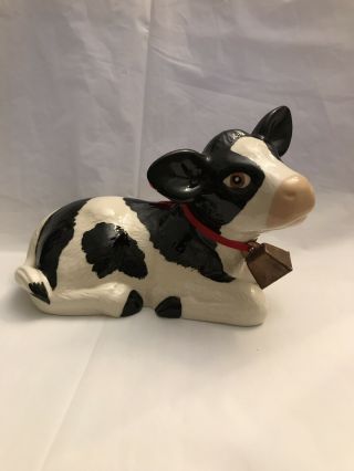 Ceramic Black And White Cow Calf Figurine With Cow Bell