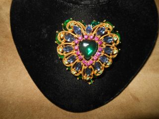 Vintage Estate Capri Large Gold Tone Multi Color Rhinestone Heart Brooch/pendant