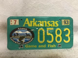 Rare 1993 Green Arkansas Game And Fish License Plate