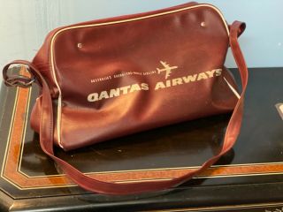 Vintage Leather Qantas Airways Australia Advertising Flight Bag With Strap