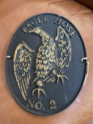Vintage Eagle Hose No.  2 Cast Iron Firefighter Fire Insurance Wall Plaque 2