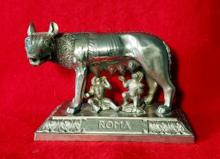 Vintage Capitoline Wolf Romulus Remus Roma Rome Metal Statue Large Italy
