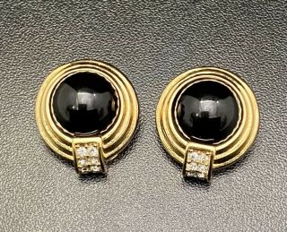 Vtg Christian Dior Black Glass Cabochon Clip On Earrings Crystal Designer Signed
