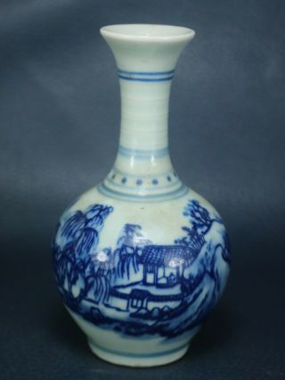 Antique Vintage Chinese Blue White Porcelain Hand Painted Mountain Dwelling Vase