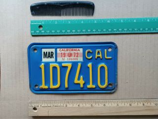 License Plate,  California,  1972,  Motorcycle,  Early Steel Version,  1 D 7410