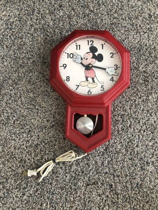 Vintage Mickey Mouse Pendulum Wall Clock Red Welby Elgin 1970 