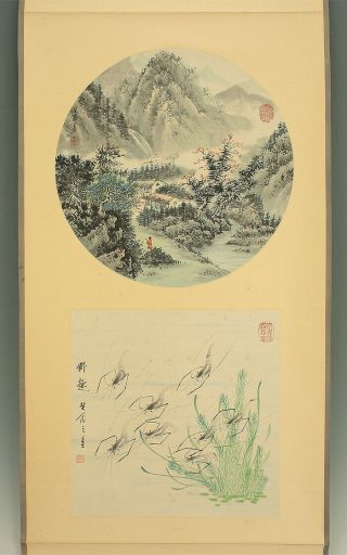掛軸1967 Chinese Hanging Scroll " Calm Landscape And Shrimp " @m717