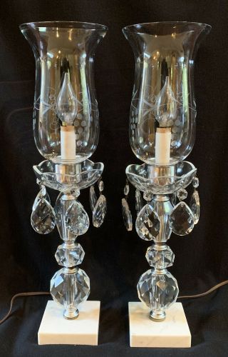 Vintage Hanging Crystal Boudoir Lamps W/ Etched Grapes Hurricane Shades