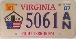 Virginia Fight Terrorism License Plate Remember 9.  11 Terror Twin Towers York
