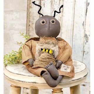 Primitive Bee Dressed Doll Holding A Bee Skep