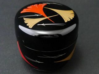 Japanese Lacquer Resin Tea Caddy Gingko Design In Makie Natsume (318)