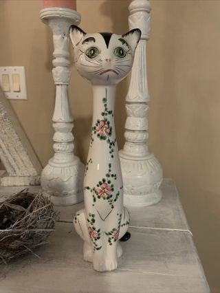 Mid Century Italy Ceramic Hand Painted Floral Long Neck Cat Figurine - 10 1/2” H