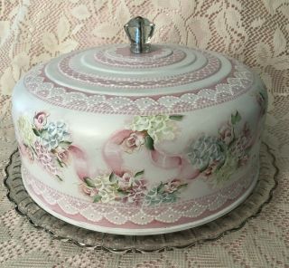 Hand Painted Vintage Cake Saver Cottage Chic Pink Rose Hydrangea Shabby Lace Hp