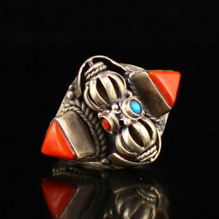 Vintage Chinese Silver Inlay Red Coral & Gem Ring Adjustable Size