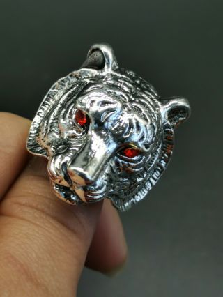 Chinese Old Craft Old Tibetan Silver Inlaid Tiger Head Ring