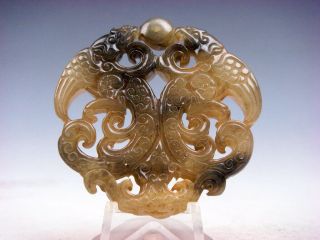 Old Nephrite Jade Carved Pendant Sculpture 2 Phoenix & Pearl Ball 06222106