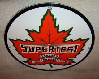 Vintage Supertest Canada Maple Leaf Porcelain Metal Gasoline Oil Sign Pump Plate