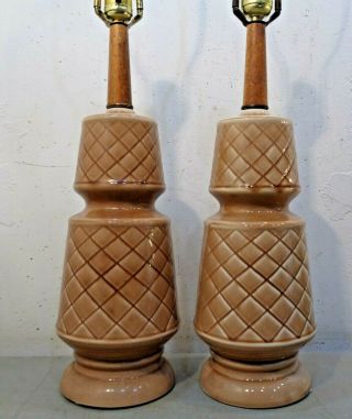 2 Matching Vintage Mid Century Modern Glazed Ceramic Table Lamps Pair 1960 