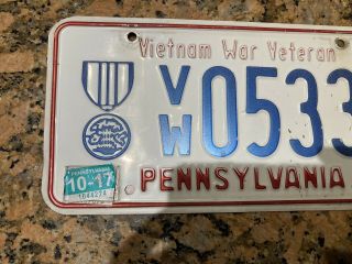 Pennsylvani VIETNAM WAR VETERAN License Plate VW 05338 2