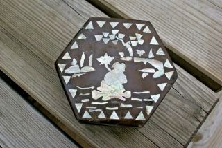 Vintage Handmade Asian/ Oriental Paper Mache Box Mother Of Pearl Inlaid