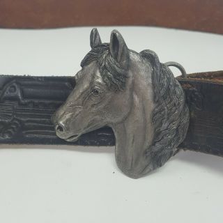 Vintage Siskiyou Belt Buckle Pewter Horse Head With Black Embossed Leather Belt