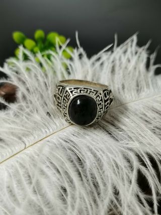 Chinese Old Tibet Silver Carving Inlaid Black Color Gemstone Ring