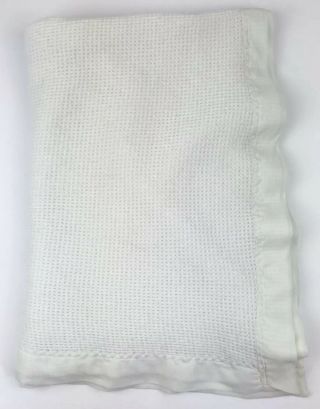 Vintage Baby Morgan White Acrylic Blanket Waffle Weave Thermal Nylon Satin Edge
