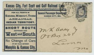 Mr Fancy Cancel 206 Ad Cover Kansas City Ft Scott & Gulf Railroad Line Kanas Cit