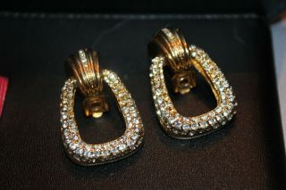 Vtg.  Christian Dior Statement Rhinestone Gold Tone Doorknocker Clip On Earrings