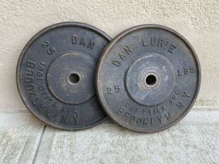 2 Vintage Dan Lurie Brooklyn Ny Cast Iron 25 Lb Weight Plate Standard 1”