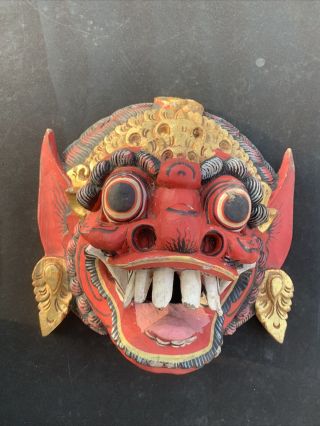 Vintage Balinese Barong Singh Wooden Mask Folk Art Wall Hanging