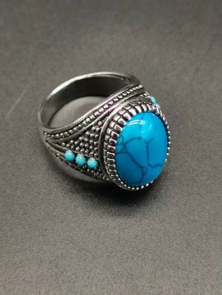 Chinese Old Craft Old Tibetan Silver Inlaid Turquoise Ring