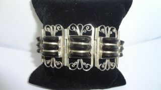 Vintage Del Rio Mexico Sterling Silver & Black Onyx Panel Bracelet