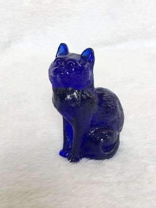 Vintage Mosser Cobalt Blue Glass Sitting Cat Figurine 3” Pressed Glass