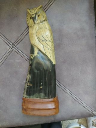 Vintage Carved Water Buffalo Horn Perched Owl Sculpture 10 1/2 Inches With Flaw