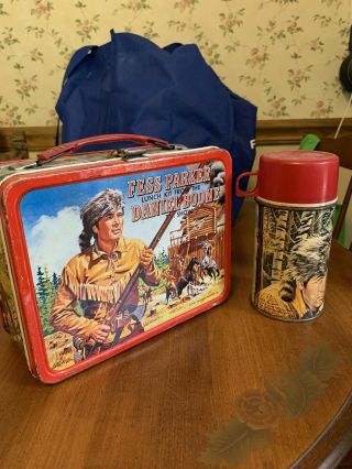 Vintage 1965 Fess Parker Daniel Boone Tv Show Metal Lunch Box W/ Thermos