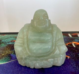 Hand Carved Light Green Jade Buddha Figure 2.  5”x 2.  5”