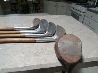 Vintage Hickory Shaft Golf Clubs - Hillerich & Bradsby - Driver,  4 Irons