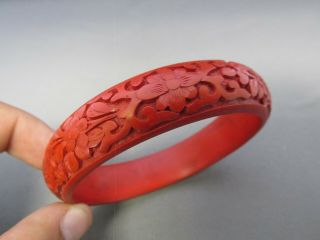 Vintage Wide Asian Carved Red Cinnabar Flower Round Bangle Cuff Bracelet