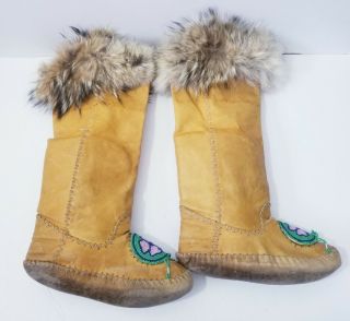 Vintage Cree Beaded Hide Fur Trim Plains Indian Moccasins Mukluks 1970s