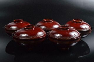 P9902: Japane Wooden Lacquer Ware Tea Bowl/dish Of Soup With The Lid Bundle
