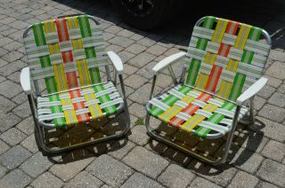 Set Of 2 Vintage Folding Aluminum Webbed Multi Color Lounge Beach Chairs 70 