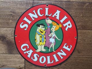 Vintage Sinclair Gasoline Flintstones Heavy Porcelain Gas & Oil Sign 12”