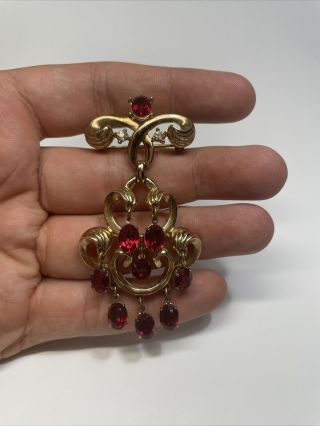 1950s Vintage Trifari Red & Clear Stones Gold Tone Crown Dangle Brooch