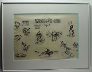 Framed 1948 Cartoon Model Sheet,  Donald Duck In “soup’s On " - Jl72