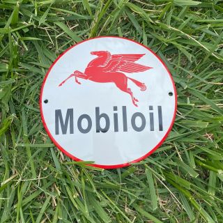 Vintage Red Mobil Mobiloil Pegasus 6 " Porcelain Metal Enamel Gasoline Oil Sign