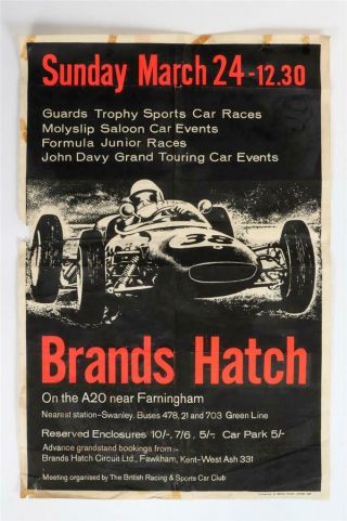 Vintage C1963 " Brands Hatch " Motor Car Racing Advertising Poster 2019