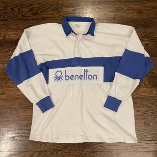 Vintage United Colors Of Benetton Spellout Rugby Shirt Italy 100 Cotton Blue Xl