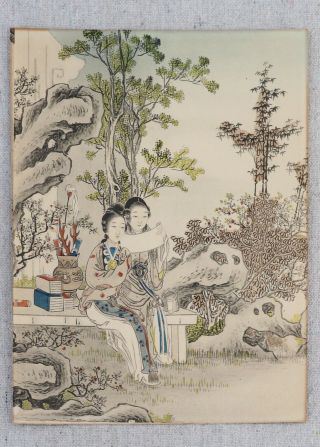Antique Chinese Hand Colored Lithograph Print Two Women Reading Scholars Bench